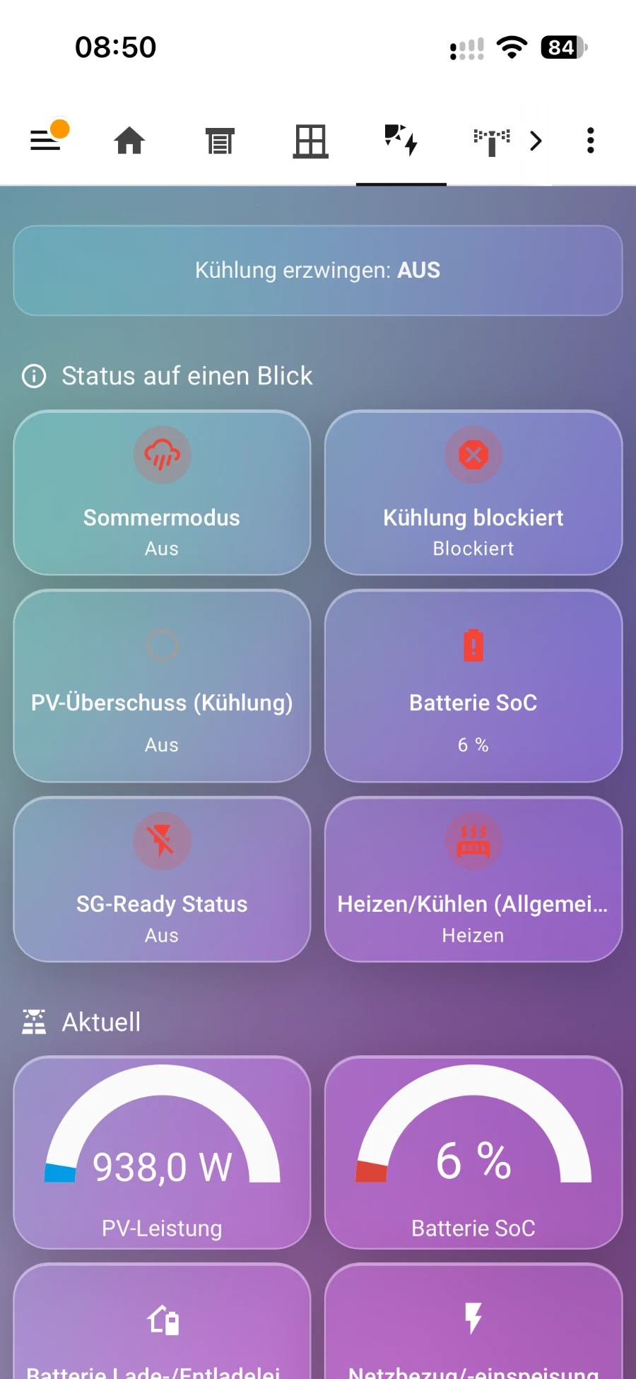 Statusübersicht: Sommermodus, Kühlfreigabe, PV-Überschuss, Batterie-Ladestand und SG-Ready auf einen Blick