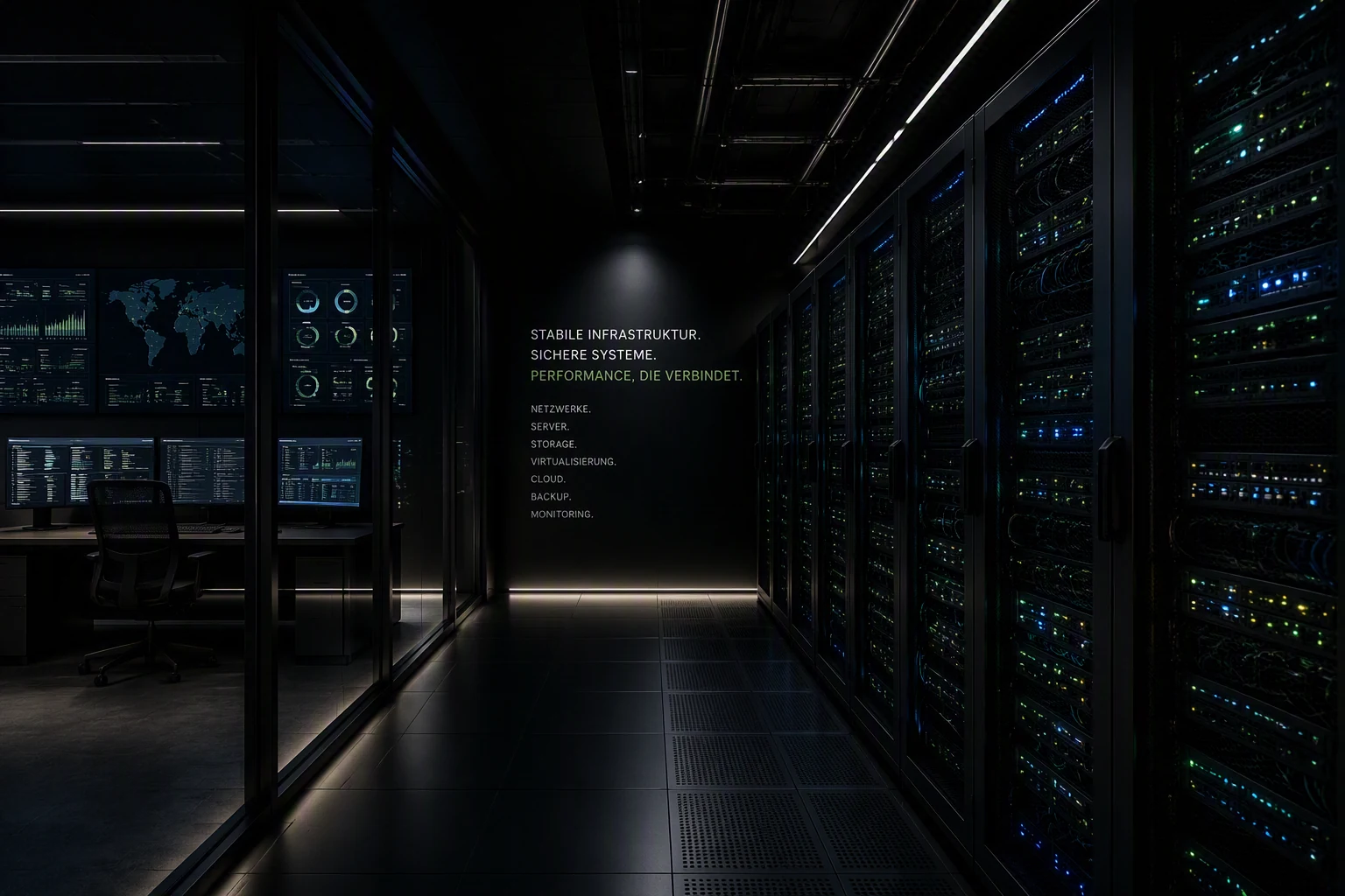 Serverraum mit Netzwerkschränken und Monitoring-Arbeitsplatz für IT-Infrastruktur