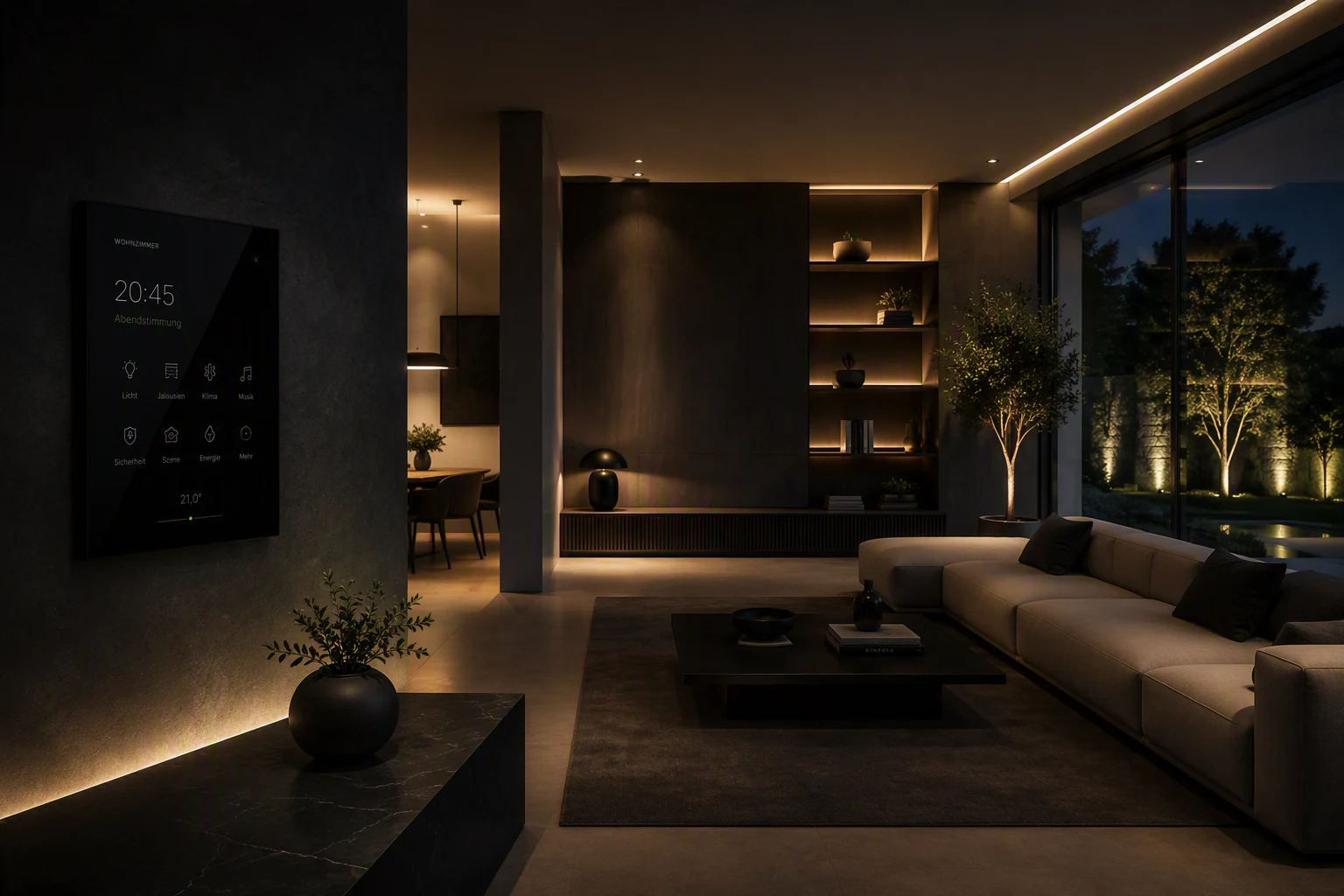 Wohnraum bei Nacht mit warmer KNX-Lichtinszenierung und Smart-Home-Wandpanel